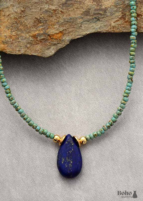 Boho Necklace, Seed Beads, Amazonite and Lapis